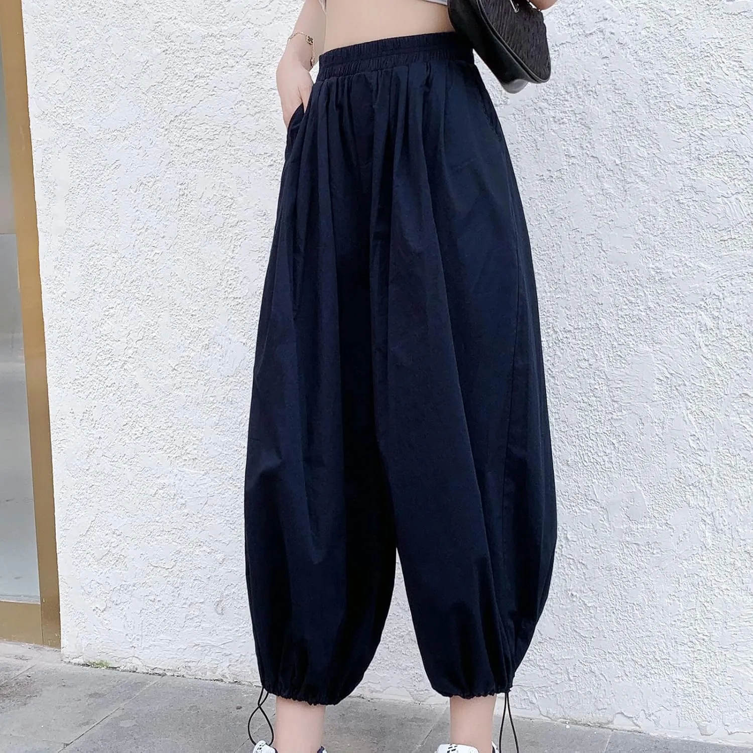 Uillui Women's Boho Harem Crop Pants Wide Leg Hippie Gypsy Yoga Capris Elastic Waist Loose Baggy Casual Palazzo Pants Pocket
