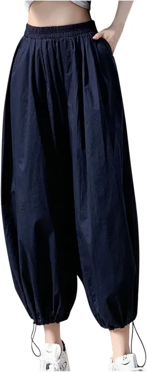 Uillui Women's Boho Harem Crop Pants Wide Leg Hippie Gypsy Yoga Capris Elastic Waist Loose Baggy Casual Palazzo Pants Pocket