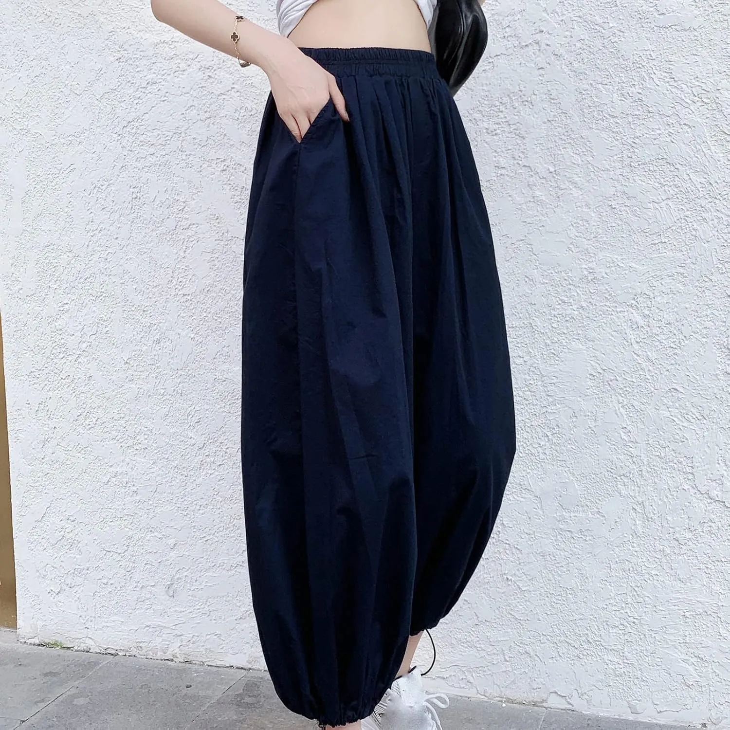 Uillui Women's Boho Harem Crop Pants Wide Leg Hippie Gypsy Yoga Capris Elastic Waist Loose Baggy Casual Palazzo Pants Pocket