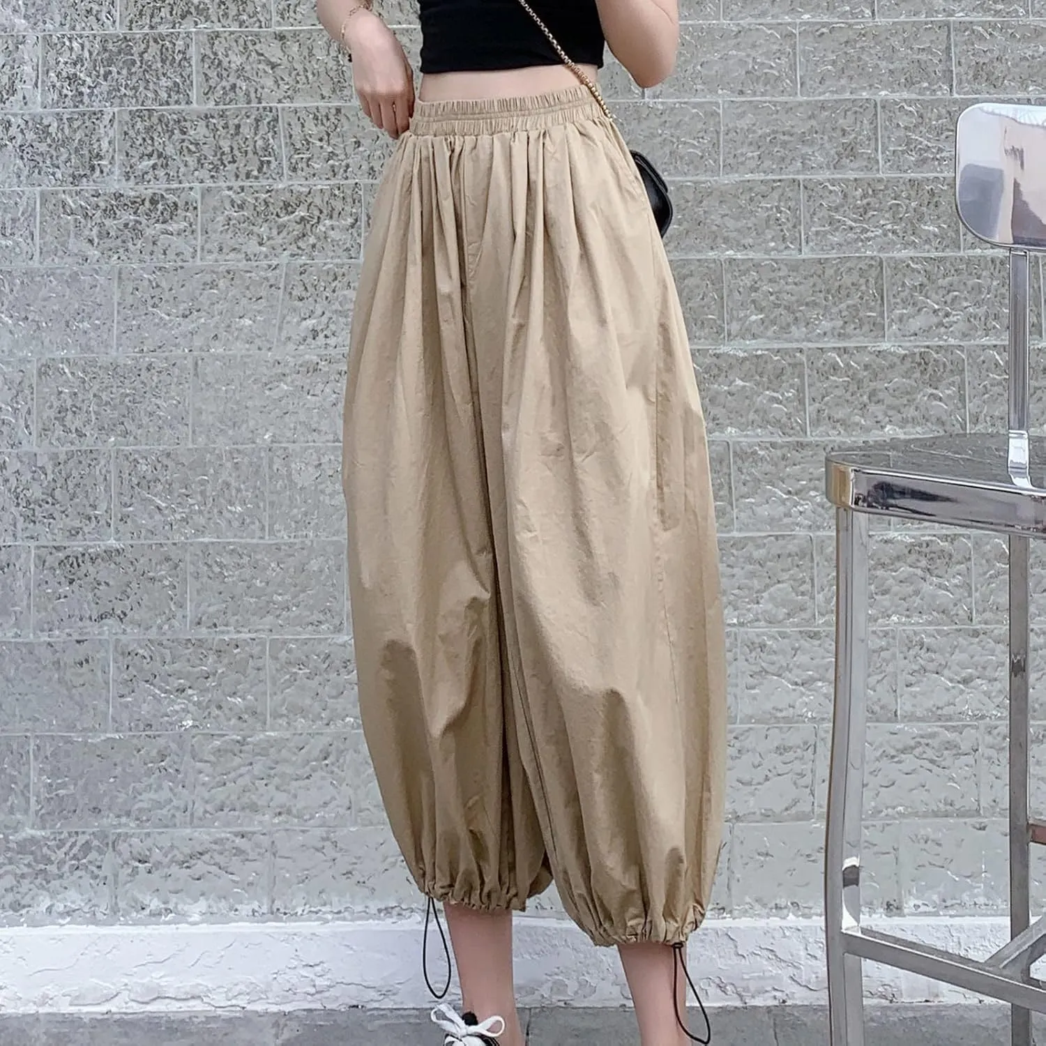 Uillui Women's Boho Harem Crop Pants Wide Leg Hippie Gypsy Yoga Capris Elastic Waist Loose Baggy Casual Palazzo Pants Pocket