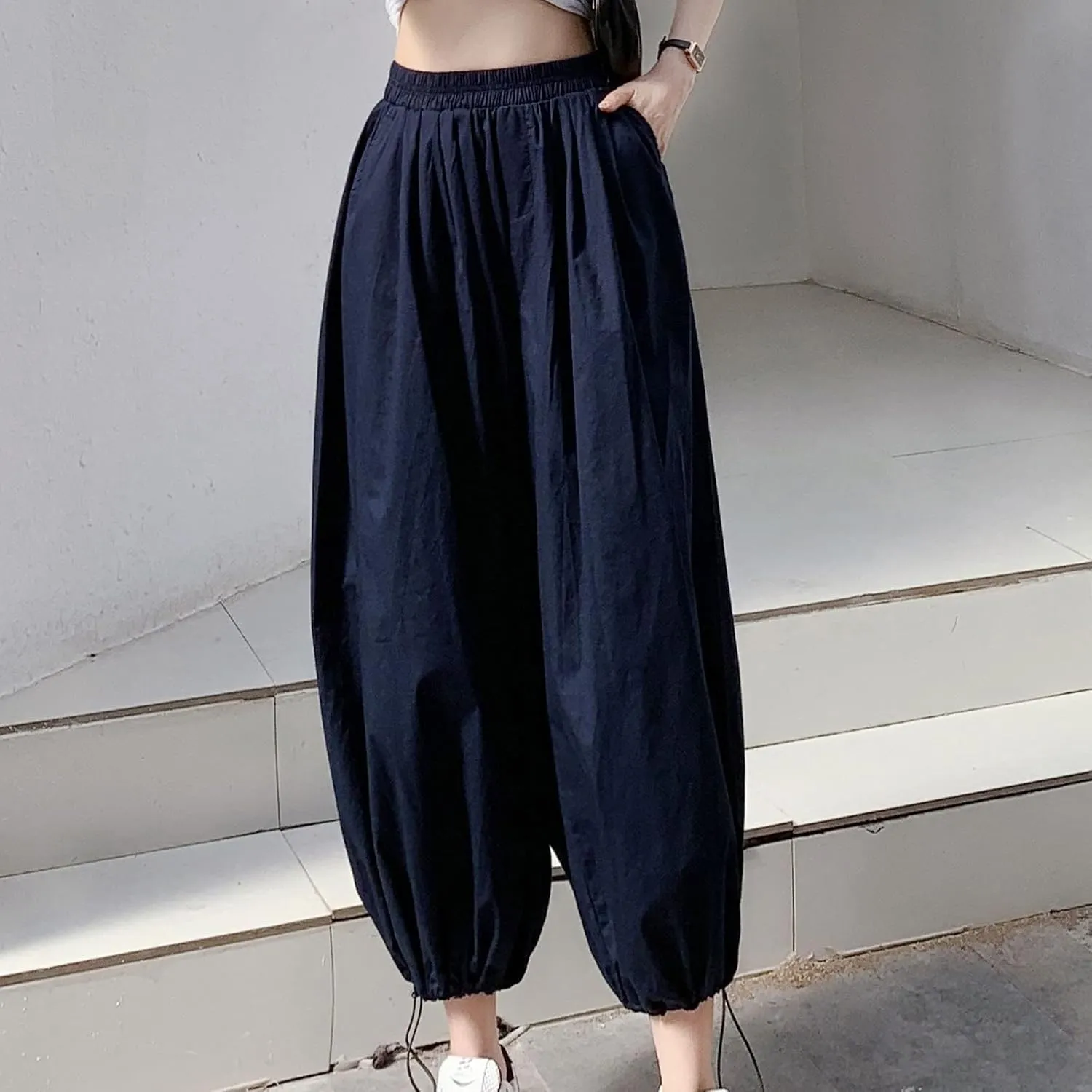 Uillui Women's Boho Harem Crop Pants Wide Leg Hippie Gypsy Yoga Capris Elastic Waist Loose Baggy Casual Palazzo Pants Pocket