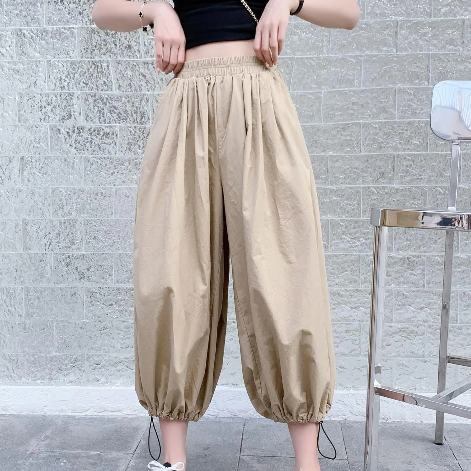 Uillui Women's Boho Harem Crop Pants Wide Leg Hippie Gypsy Yoga Capris Elastic Waist Loose Baggy Casual Palazzo Pants Pocket