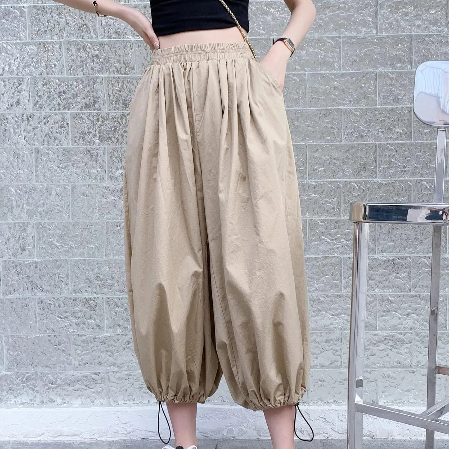 Uillui Women's Boho Harem Crop Pants Wide Leg Hippie Gypsy Yoga Capris Elastic Waist Loose Baggy Casual Palazzo Pants Pocket
