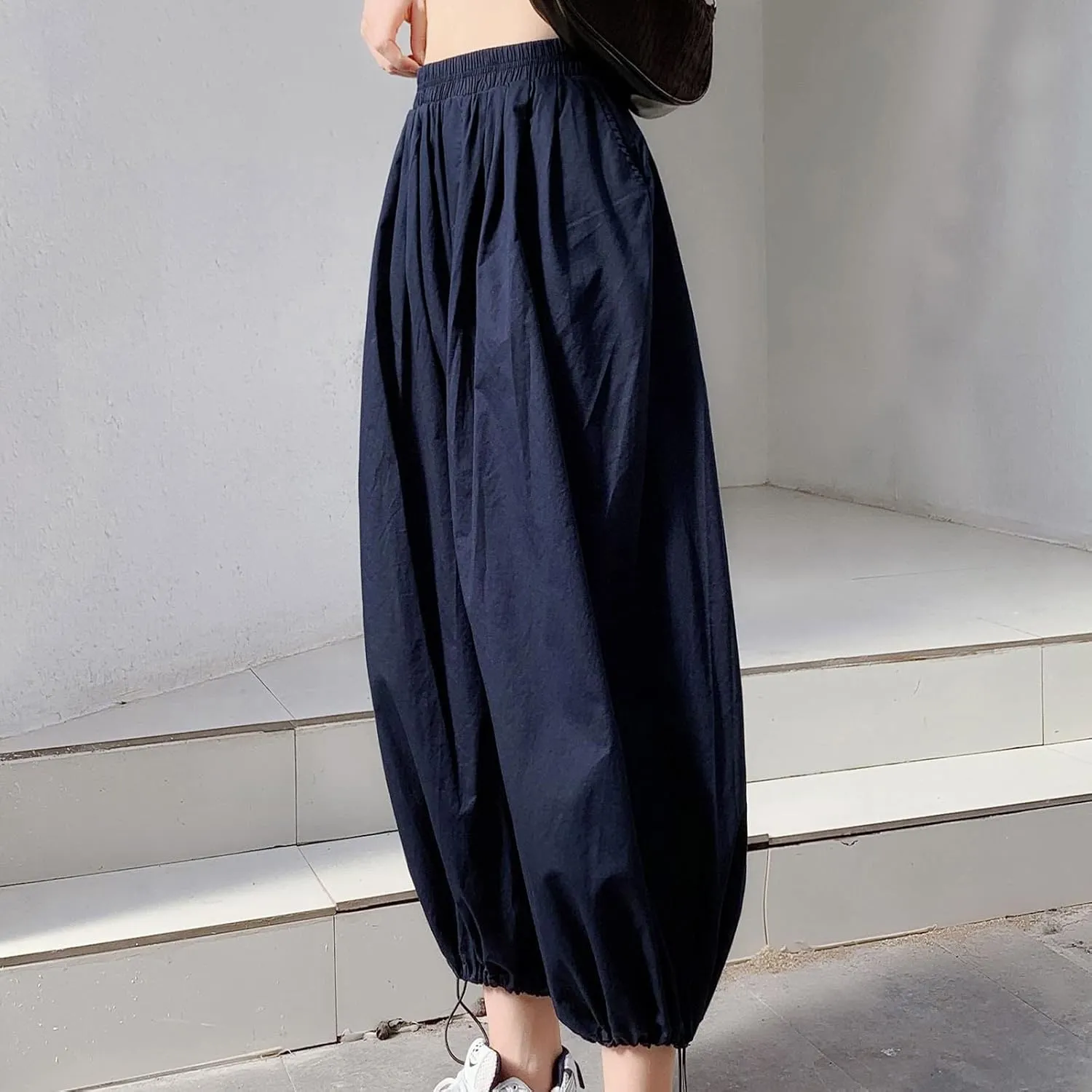 Uillui Women's Boho Harem Crop Pants Wide Leg Hippie Gypsy Yoga Capris Elastic Waist Loose Baggy Casual Palazzo Pants Pocket