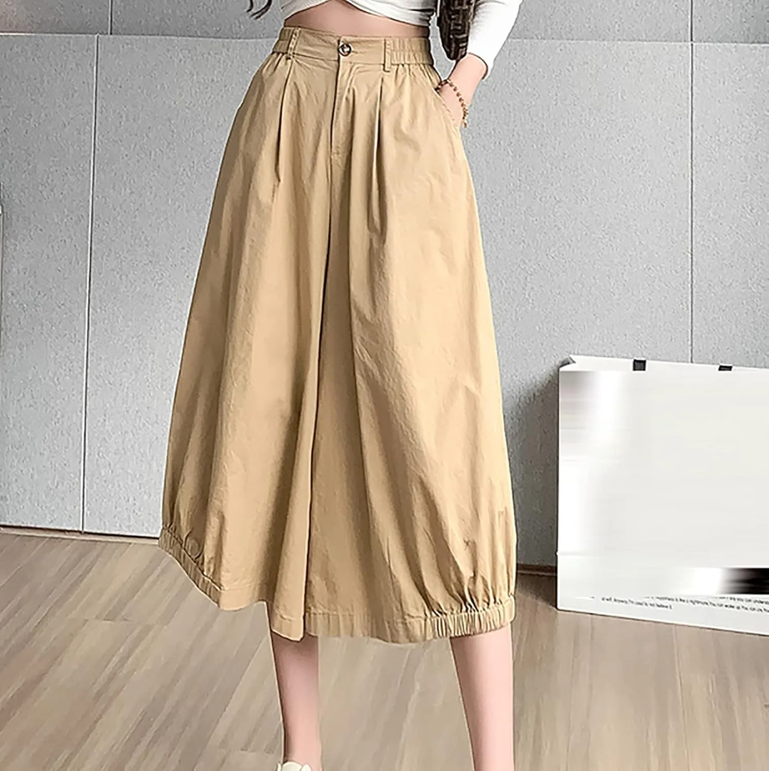 Uillui Women's Wide Leg Capri Palazzo Pants High Waist Loose Fit Casual Crop Flowy Pants Cute Summer Skirt Pants Culottes
