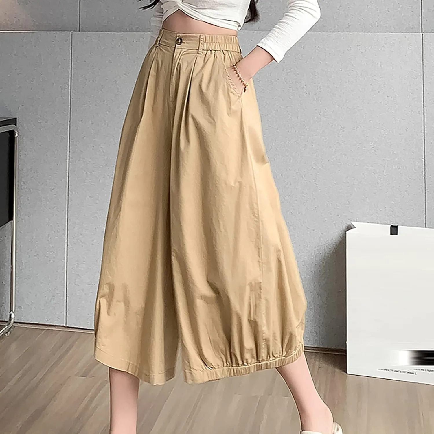 Uillui Women's Wide Leg Capri Palazzo Pants High Waist Loose Fit Casual Crop Flowy Pants Cute Summer Skirt Pants Culottes