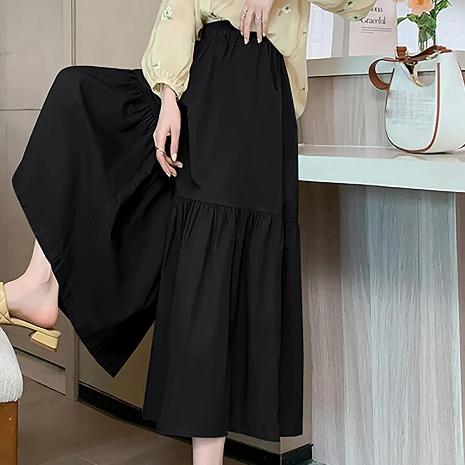 Uillui Women's Wide Leg Capri Palazzo Pants High Waist Loose Fit Casual Crop Flowy Pants Cute Summer Skirt Pants Culottes