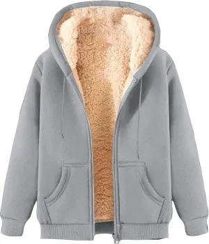 Unisex Women's Fleece Hoodie Jacket Cozy Sherpa Lined Zip Up Warm Hoodie Sweatshirt Winter Fluffy Sweater Hooded Coat