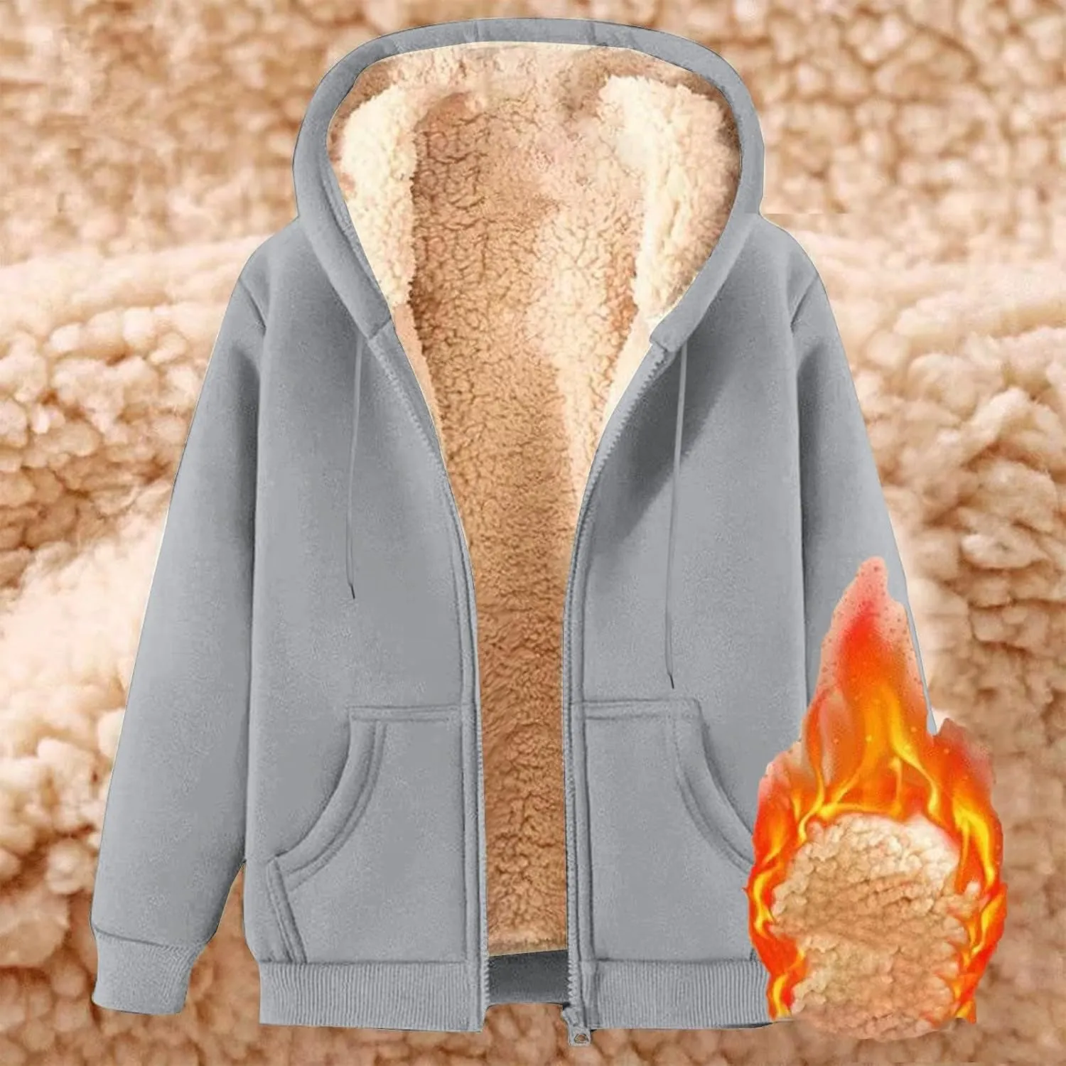 Unisex Women's Fleece Hoodie Jacket Cozy Sherpa Lined Zip Up Warm Hoodie Sweatshirt Winter Fluffy Sweater Hooded Coat