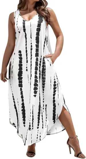 Vintage Print Maxi Sundress for Women Summer Sexy Scoop Neck Sleeveless Kaftan Dresses Plus Size Casual Beach Dress