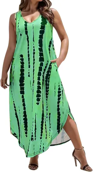 Vintage Print Maxi Sundress for Women Summer Sexy Scoop Neck Sleeveless Kaftan Dresses Plus Size Casual Beach Dress