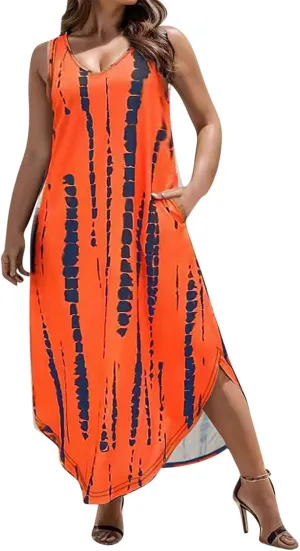 Vintage Print Maxi Sundress for Women Summer Sexy Scoop Neck Sleeveless Kaftan Dresses Plus Size Casual Beach Dress