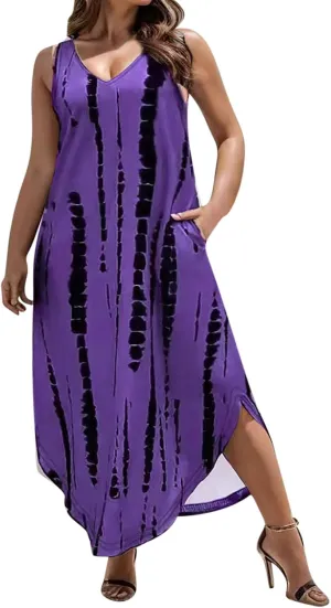 Vintage Print Maxi Sundress for Women Summer Sexy Scoop Neck Sleeveless Kaftan Dresses Plus Size Casual Beach Dress