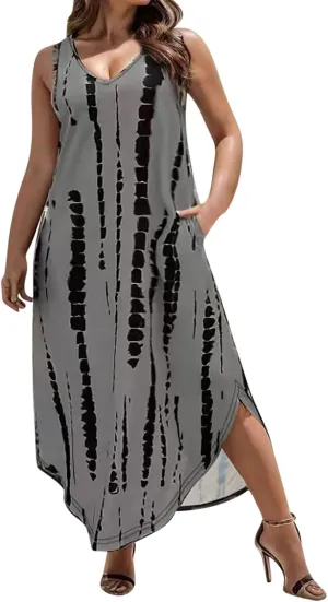 Vintage Print Maxi Sundress for Women Summer Sexy Scoop Neck Sleeveless Kaftan Dresses Plus Size Casual Beach Dress