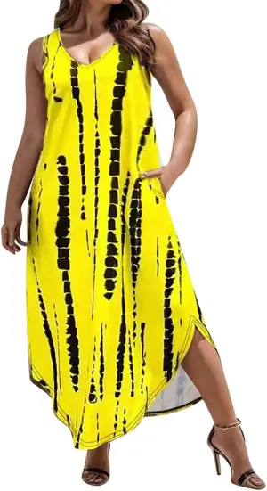 Vintage Print Maxi Sundress for Women Summer Sexy Scoop Neck Sleeveless Kaftan Dresses Plus Size Casual Beach Dress