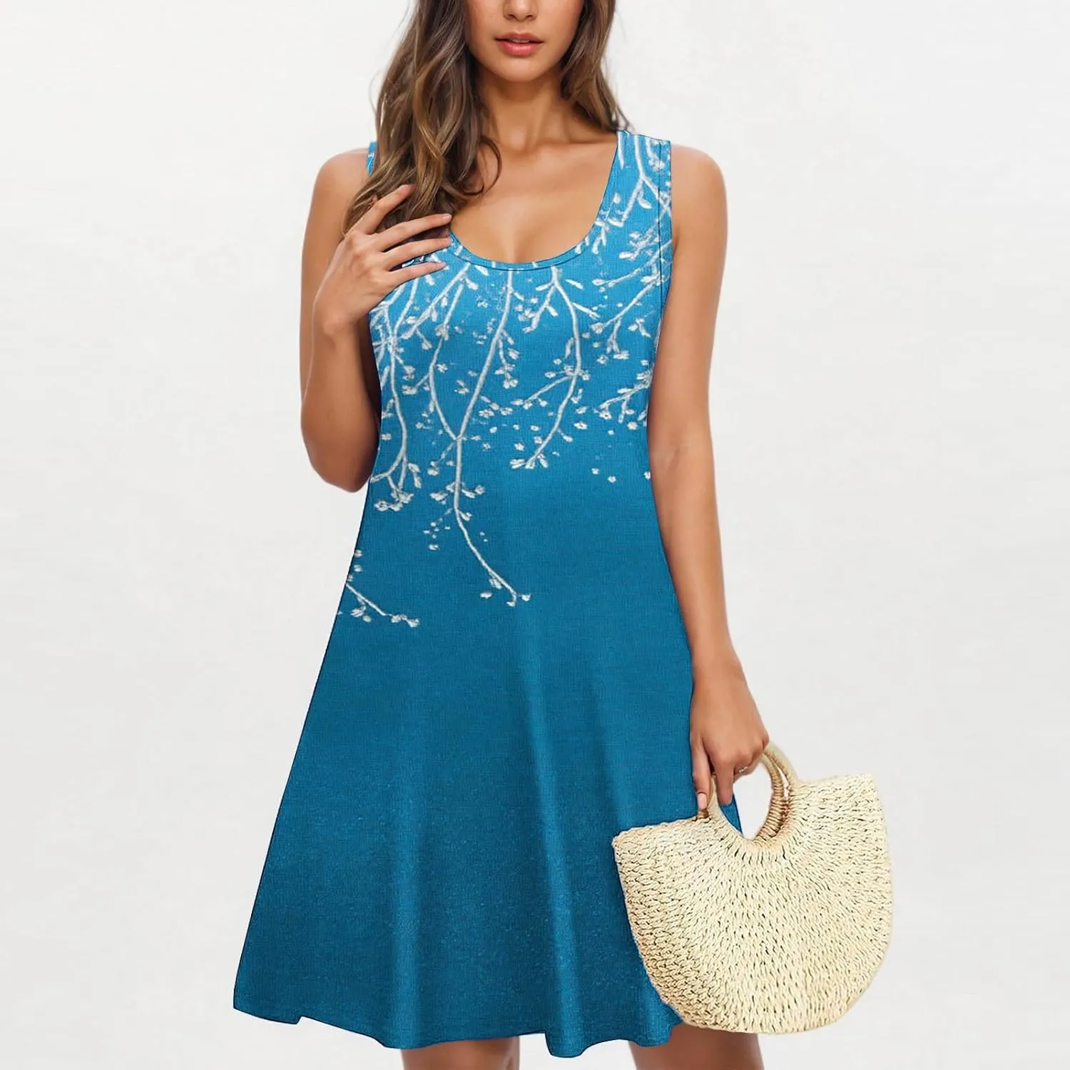 Vintage Print Summer Dress for Women Sleeveless Casual Sundress Crewneck Loose Pleated Swing Beach Dresses 2025 New