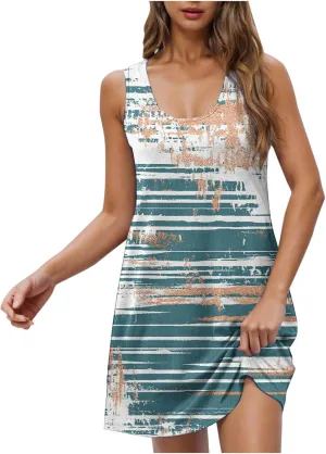 Vintage Print Summer Dress for Women Sleeveless Casual Sundress Crewneck Loose Pleated Swing Beach Dresses 2025 New