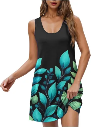 Vintage Print Summer Dress for Women Sleeveless Casual Sundress Crewneck Loose Pleated Swing Beach Dresses 2025 New