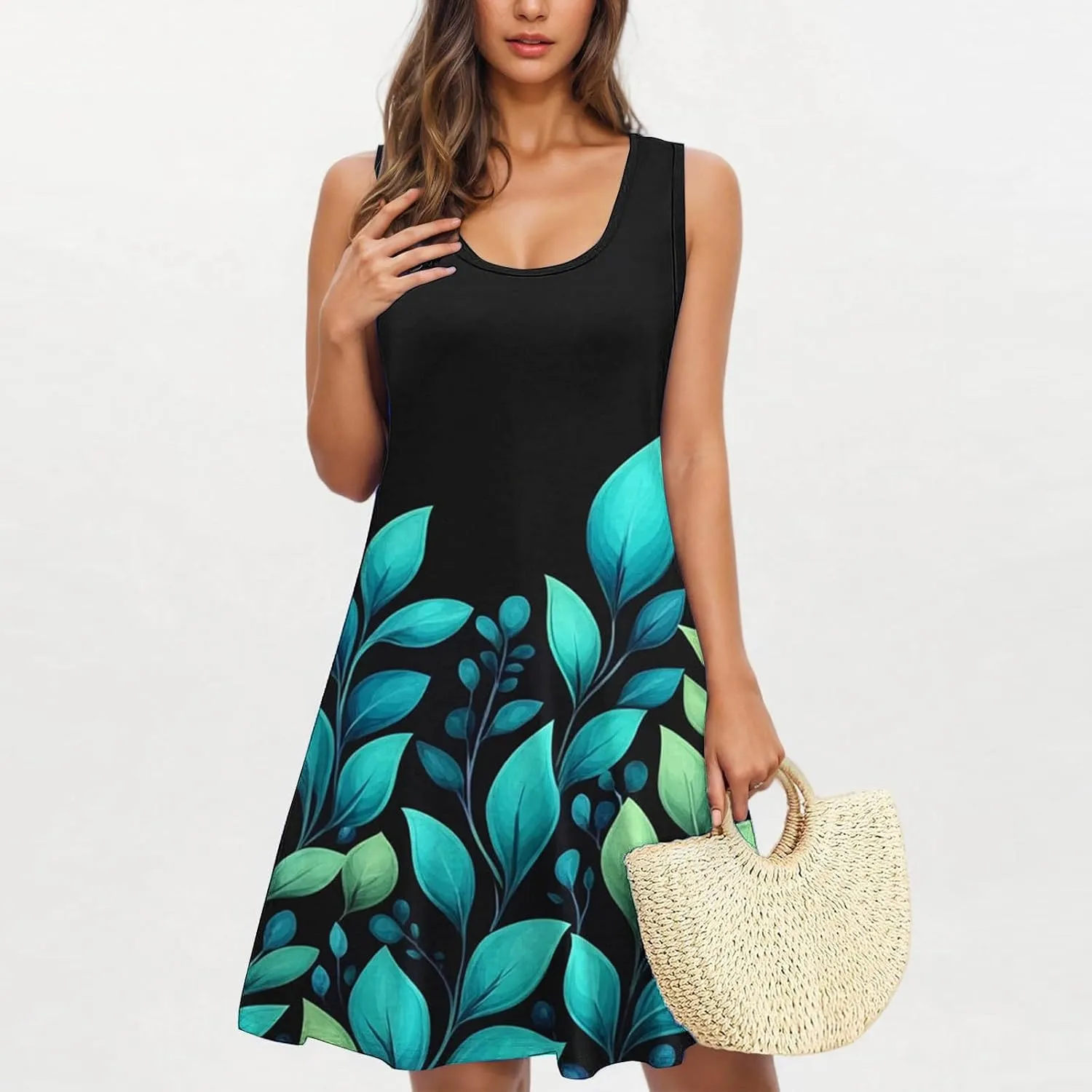 Vintage Print Summer Dress for Women Sleeveless Casual Sundress Crewneck Loose Pleated Swing Beach Dresses 2025 New