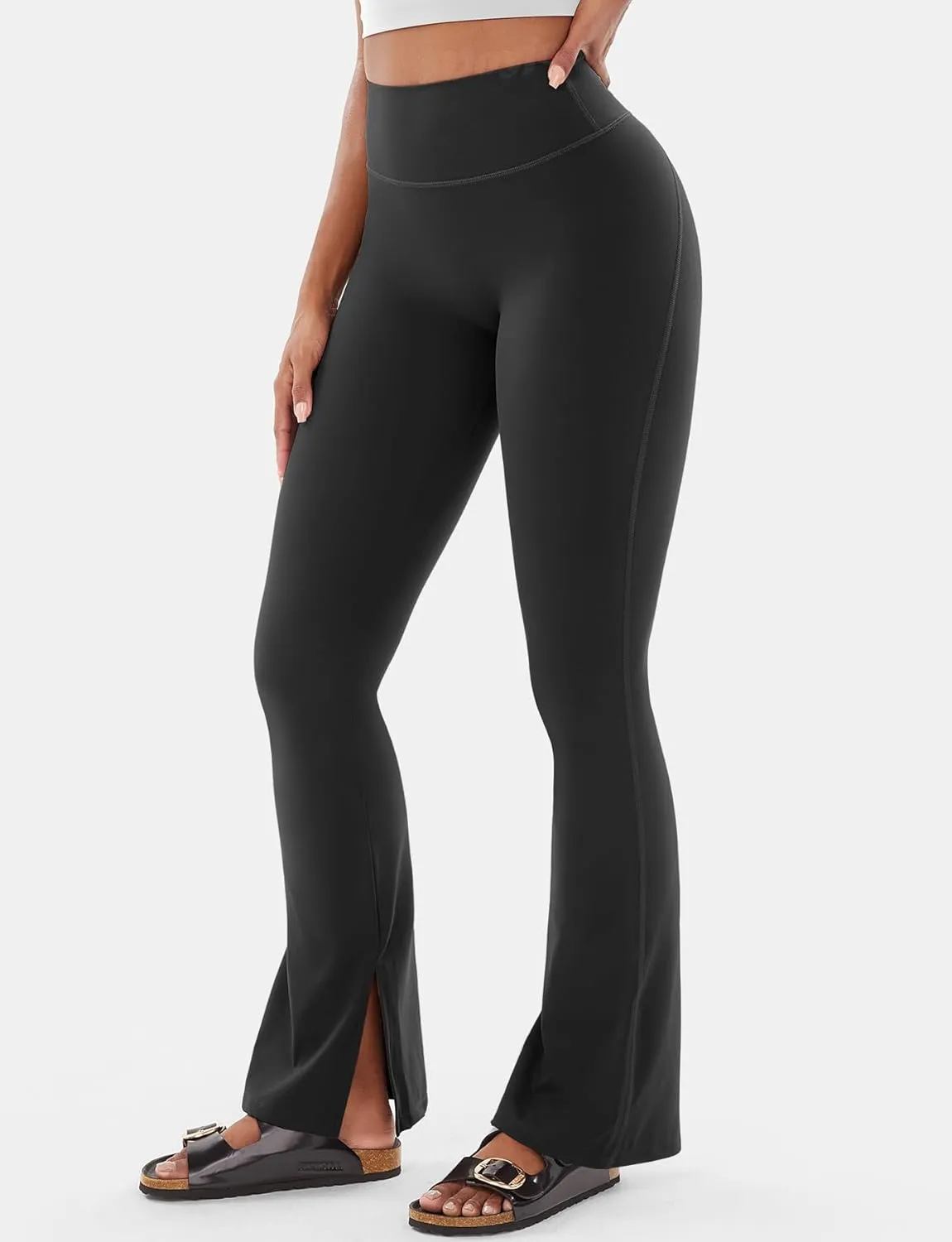 VOYJOY Womens Split Hem Legging Workout High Waist Mini Flared Leggings Casual Workout Gym Yoga Pants
