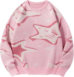 WDIRARA Men's Retro Star Print Sweater Crewneck Long Sleeve Pullover Tops