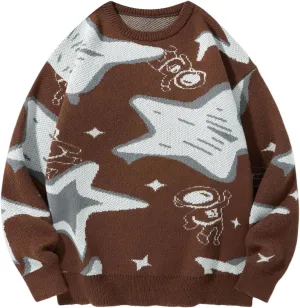 WDIRARA Men's Retro Star Print Sweater Crewneck Long Sleeve Pullover Tops