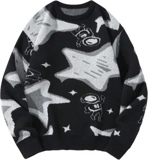 WDIRARA Men's Retro Star Print Sweater Crewneck Long Sleeve Pullover Tops