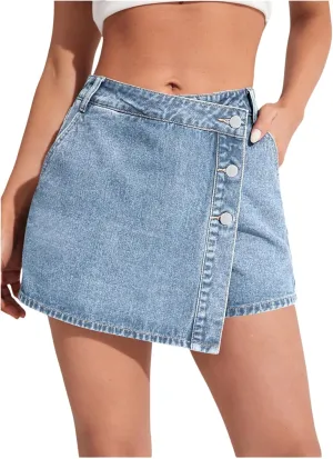WDIRARA Women's High Waisted Button Front Denim Skort Asymmetrical Hem Skirt Shorts