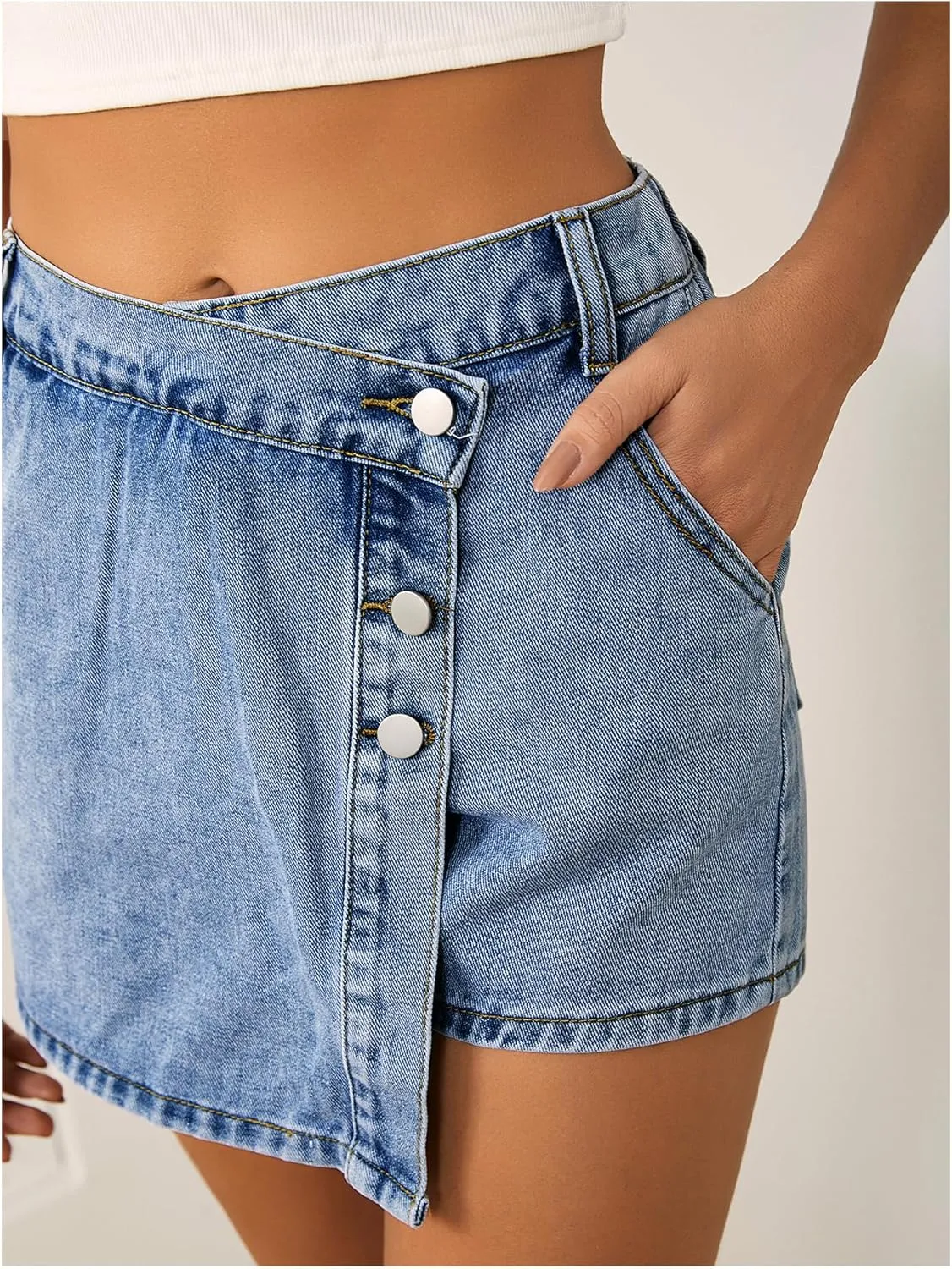 WDIRARA Women's High Waisted Button Front Denim Skort Asymmetrical Hem Skirt Shorts