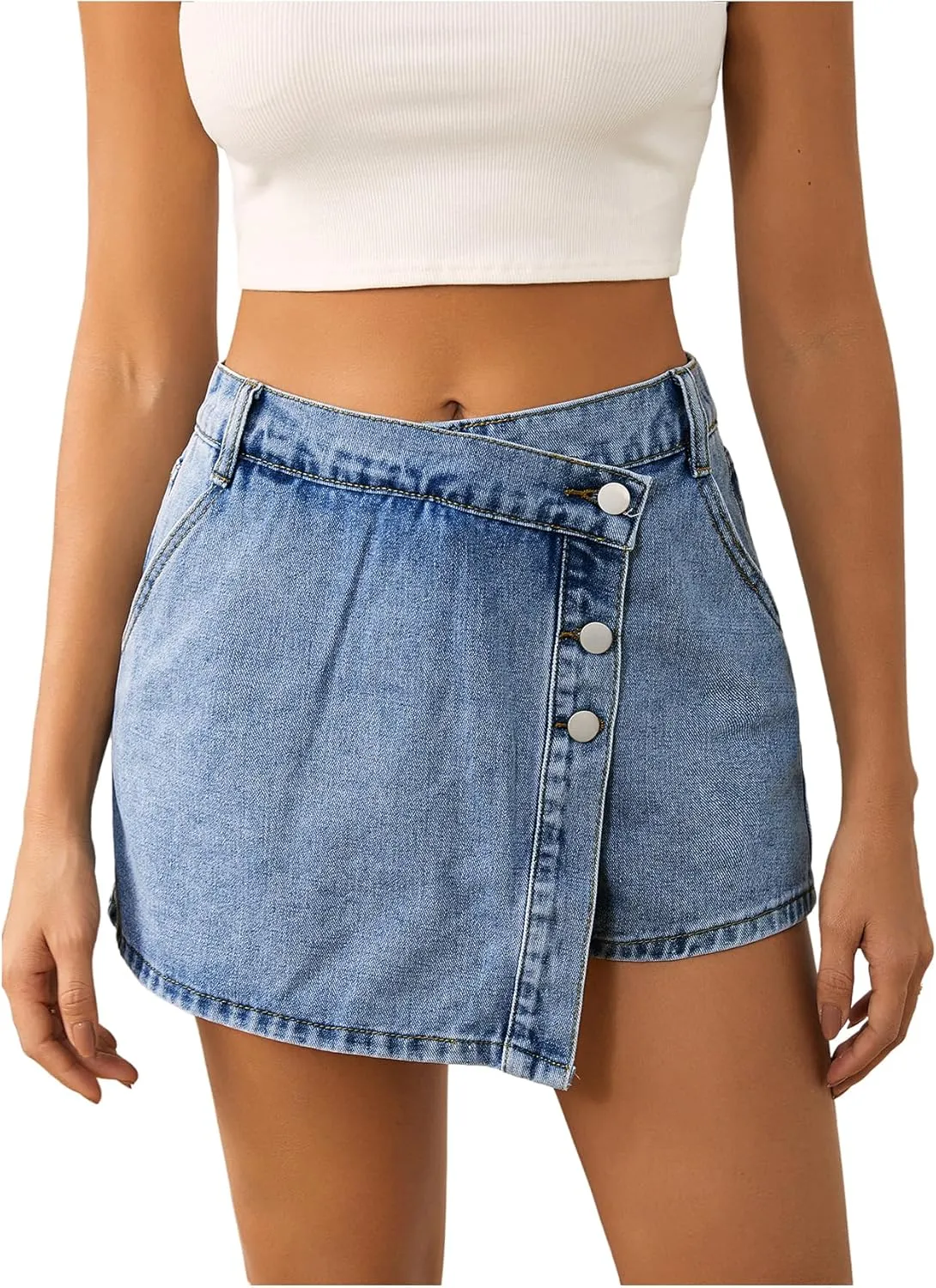 WDIRARA Women's High Waisted Button Front Denim Skort Asymmetrical Hem Skirt Shorts