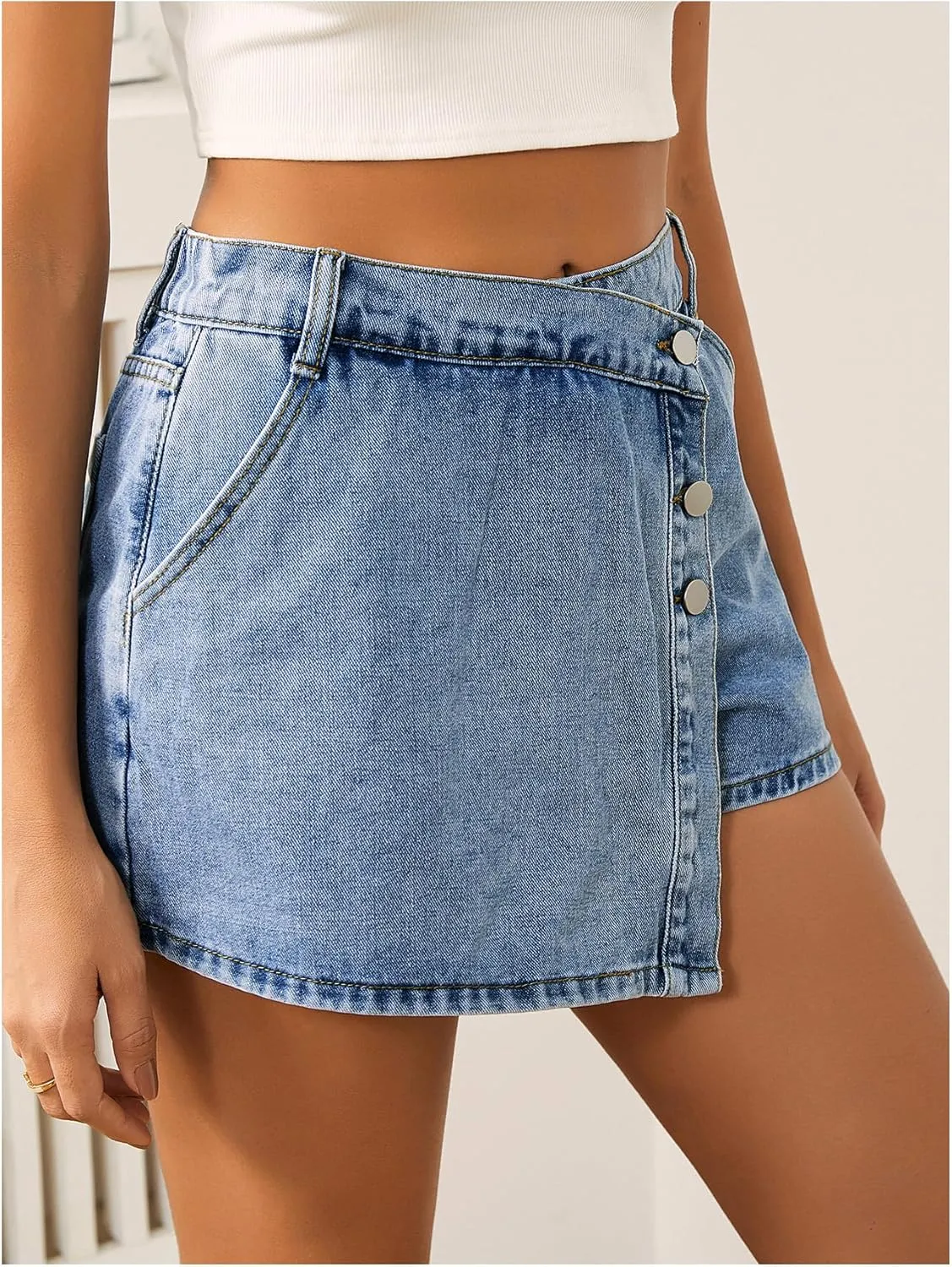 WDIRARA Women's High Waisted Button Front Denim Skort Asymmetrical Hem Skirt Shorts
