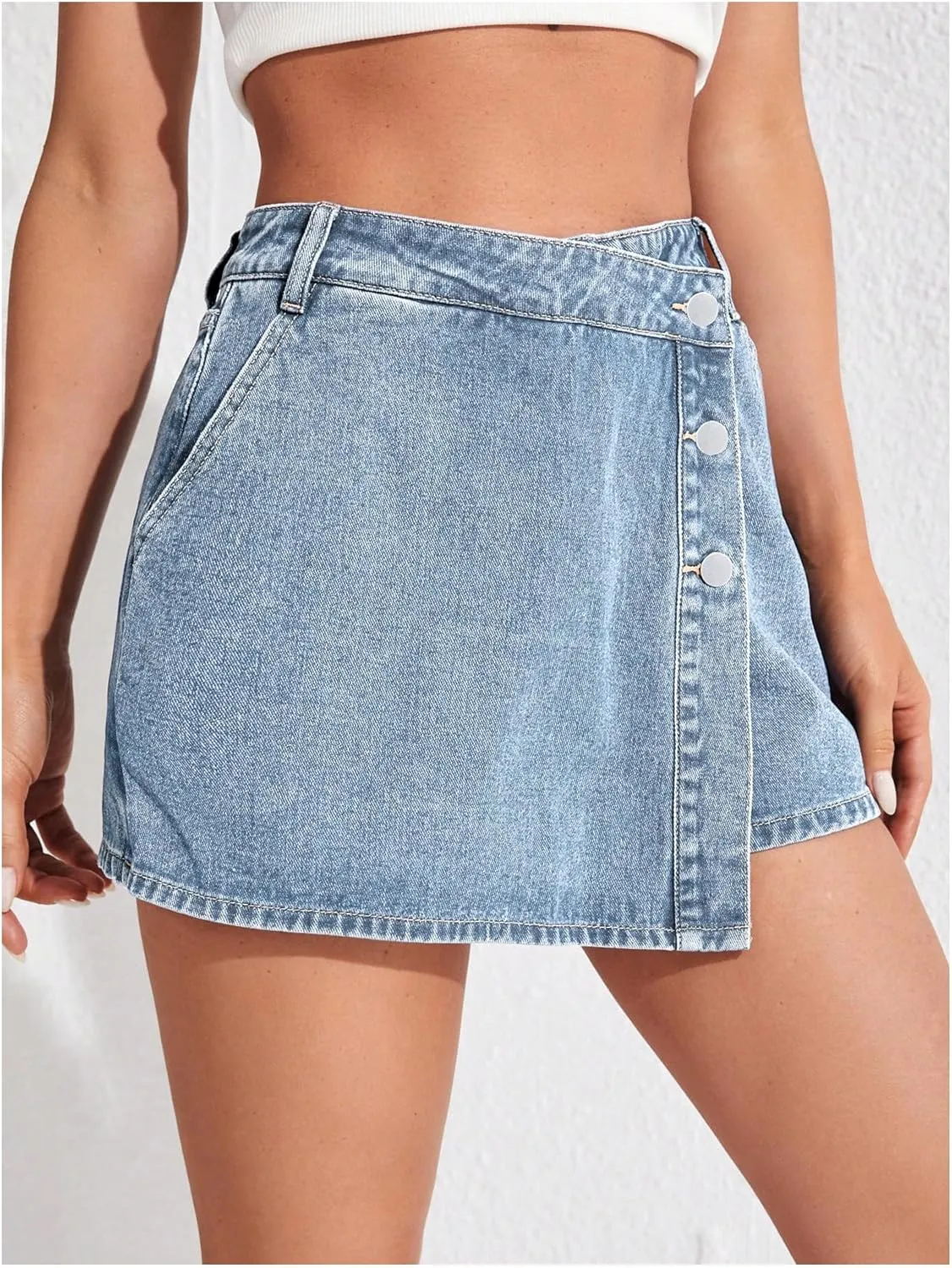 WDIRARA Women's High Waisted Button Front Denim Skort Asymmetrical Hem Skirt Shorts