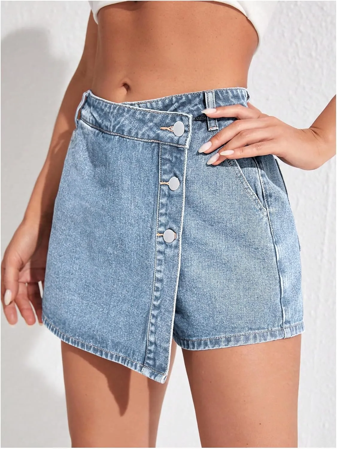 WDIRARA Women's High Waisted Button Front Denim Skort Asymmetrical Hem Skirt Shorts