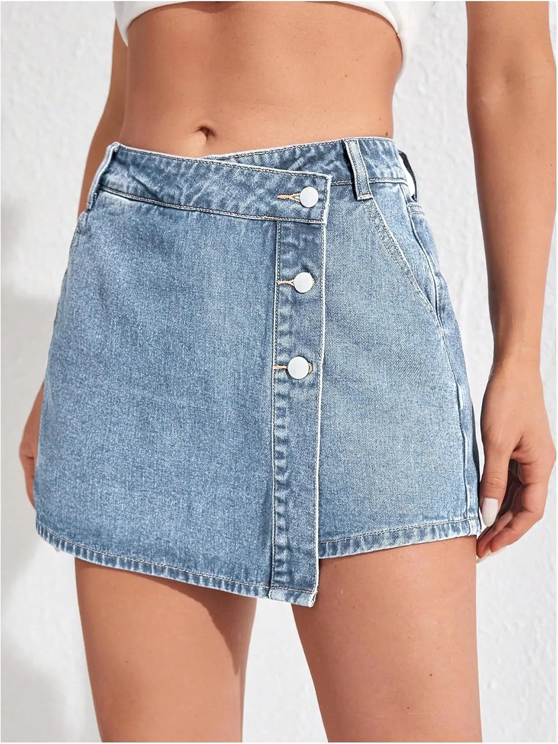 WDIRARA Women's High Waisted Button Front Denim Skort Asymmetrical Hem Skirt Shorts