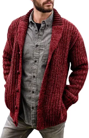 Western Sweater for Men Cable Knit Cardigan Sweater Shawl Collar Loose Fit Long Sleeve Vintage Sweater with Pockets