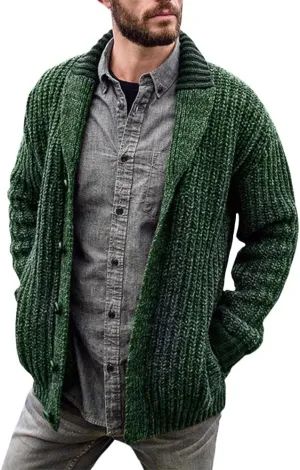 Western Sweater for Men Cable Knit Cardigan Sweater Shawl Collar Loose Fit Long Sleeve Vintage Sweater with Pockets