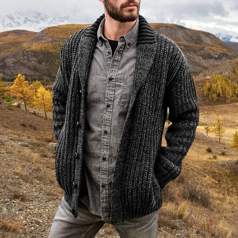 Western Sweater for Men Cable Knit Cardigan Sweater Shawl Collar Loose Fit Long Sleeve Vintage Sweater with Pockets