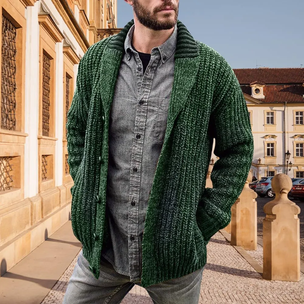 Western Sweater for Men Cable Knit Cardigan Sweater Shawl Collar Loose Fit Long Sleeve Vintage Sweater with Pockets