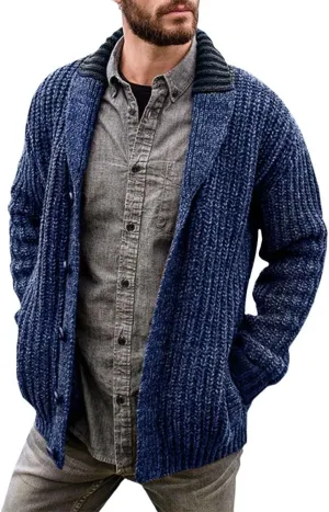 Western Sweater for Men Cable Knit Cardigan Sweater Shawl Collar Loose Fit Long Sleeve Vintage Sweater with Pockets