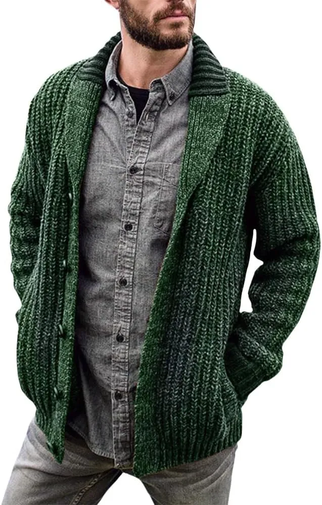 Western Sweater for Men Cable Knit Cardigan Sweater Shawl Collar Loose Fit Long Sleeve Vintage Sweater with Pockets