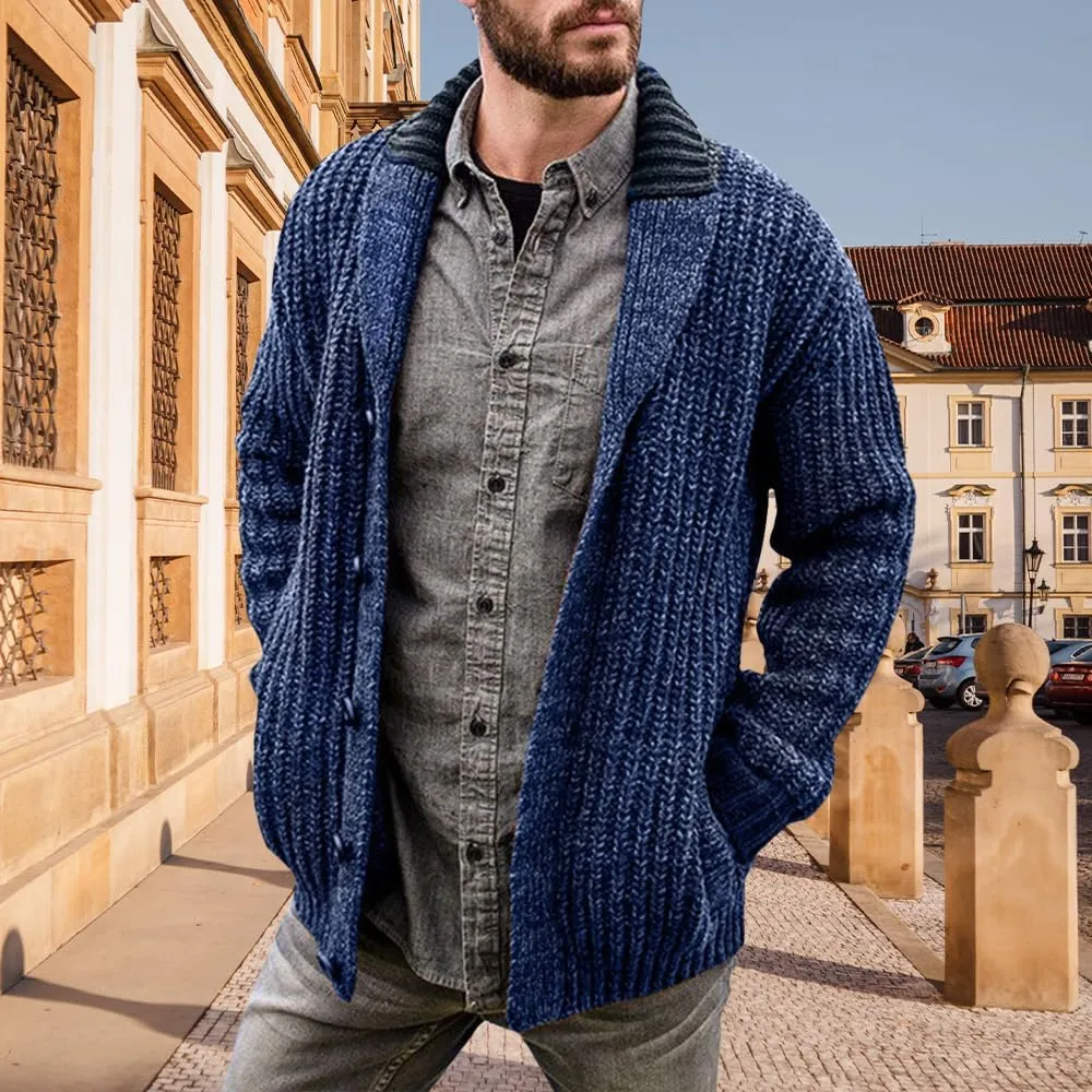 Western Sweater for Men Cable Knit Cardigan Sweater Shawl Collar Loose Fit Long Sleeve Vintage Sweater with Pockets
