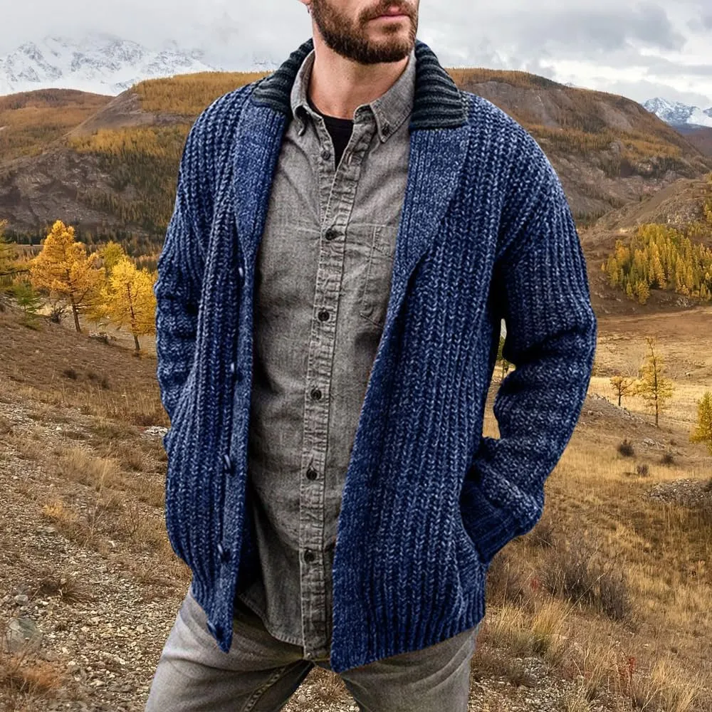 Western Sweater for Men Cable Knit Cardigan Sweater Shawl Collar Loose Fit Long Sleeve Vintage Sweater with Pockets