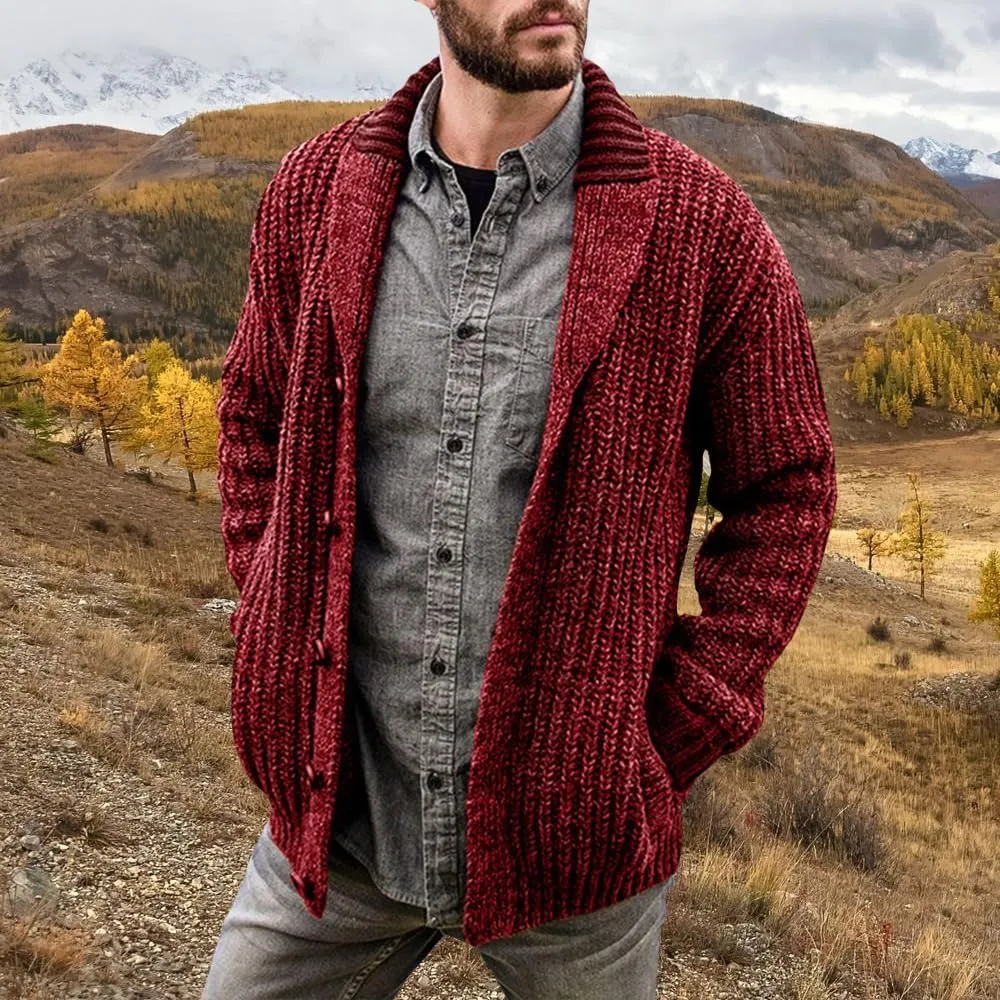 Western Sweater for Men Cable Knit Cardigan Sweater Shawl Collar Loose Fit Long Sleeve Vintage Sweater with Pockets