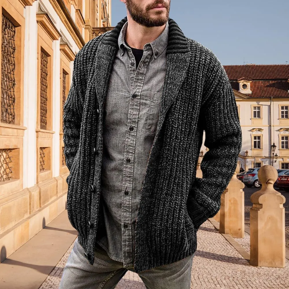 Western Sweater for Men Cable Knit Cardigan Sweater Shawl Collar Loose Fit Long Sleeve Vintage Sweater with Pockets