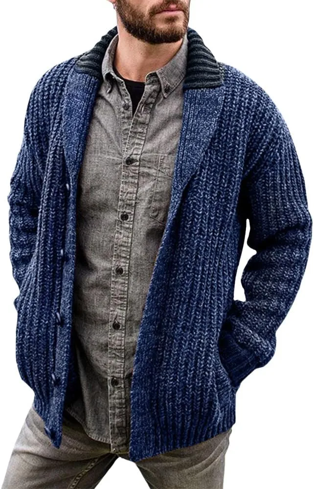 Western Sweater for Men Cable Knit Cardigan Sweater Shawl Collar Loose Fit Long Sleeve Vintage Sweater with Pockets