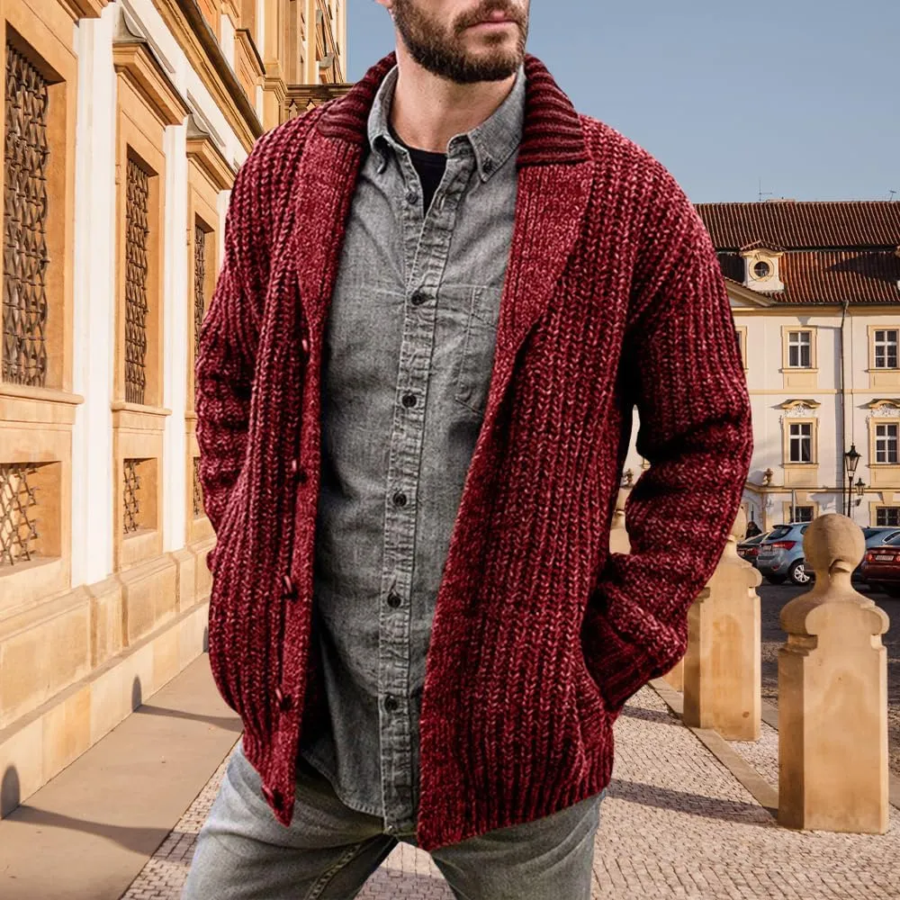 Western Sweater for Men Cable Knit Cardigan Sweater Shawl Collar Loose Fit Long Sleeve Vintage Sweater with Pockets