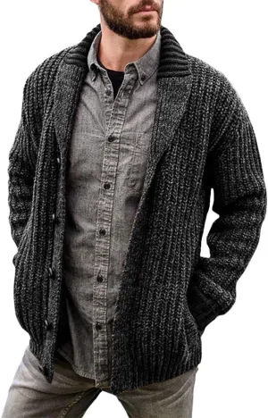 Western Sweater for Men Cable Knit Cardigan Sweater Shawl Collar Loose Fit Long Sleeve Vintage Sweater with Pockets