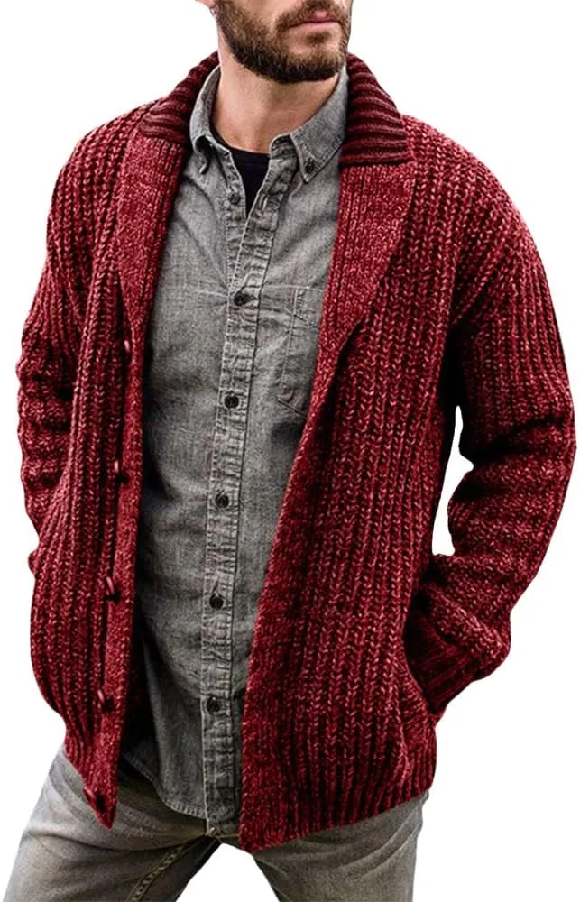 Western Sweater for Men Cable Knit Cardigan Sweater Shawl Collar Loose Fit Long Sleeve Vintage Sweater with Pockets