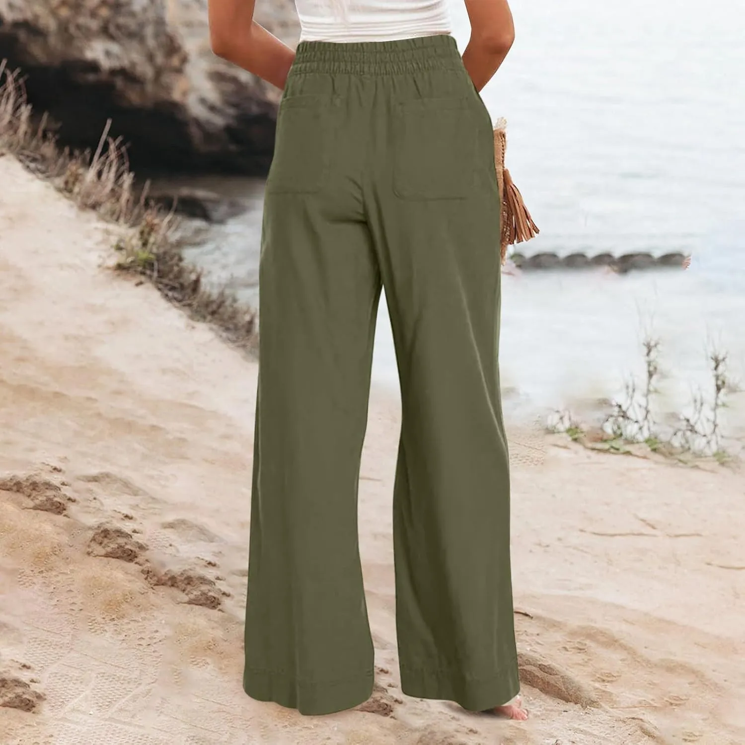 Wide Leg Linen Pants for Women Smocked Elastic High Waisted Palazzo Pants Summer Flowy Beach Trousers with Pockets