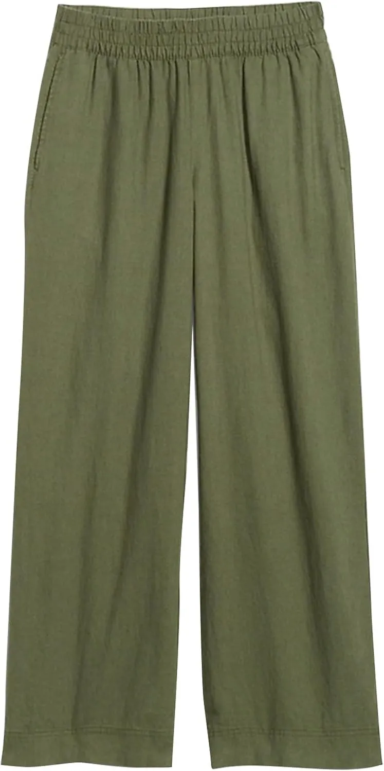 Wide Leg Linen Pants for Women Smocked Elastic High Waisted Palazzo Pants Summer Flowy Beach Trousers with Pockets